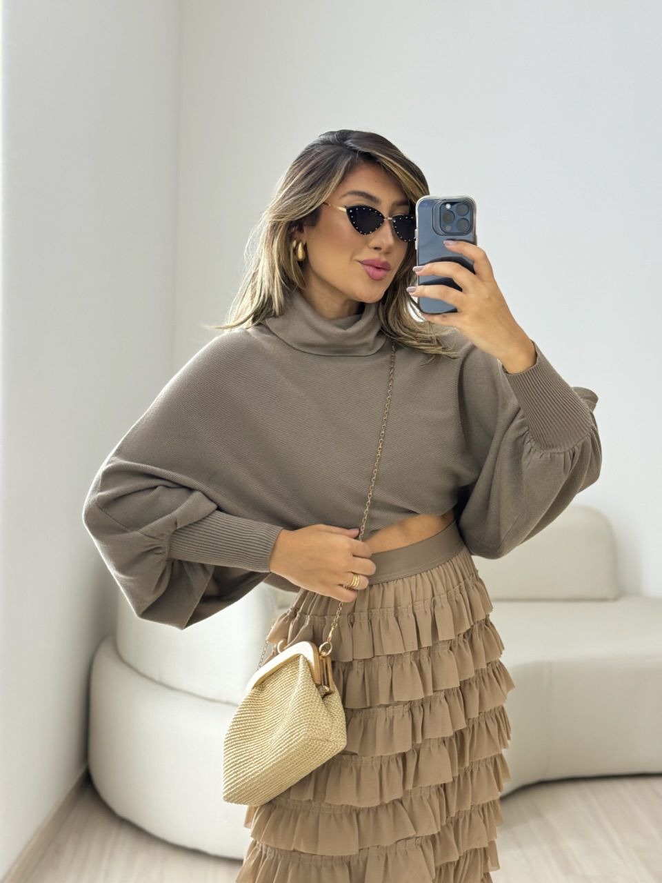 BLUSA MODAL GOLA ALTA CAQUI