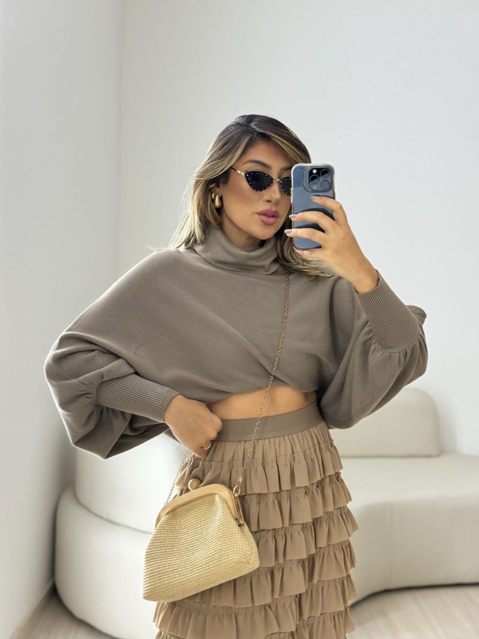 BLUSA MODAL GOLA ALTA CAQUI