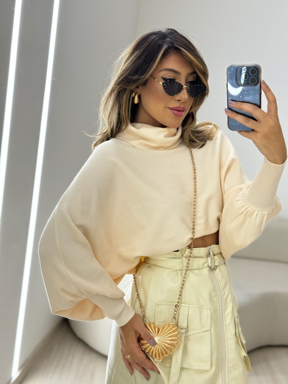 BLUSA MODAL GOLA ALTA MARFIM - 0050610056 - CAROLLA FERRARO