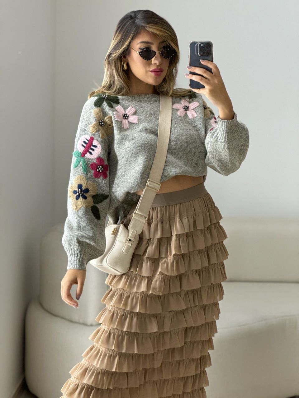 TRICOT FLOR BORDADA MESCLA
