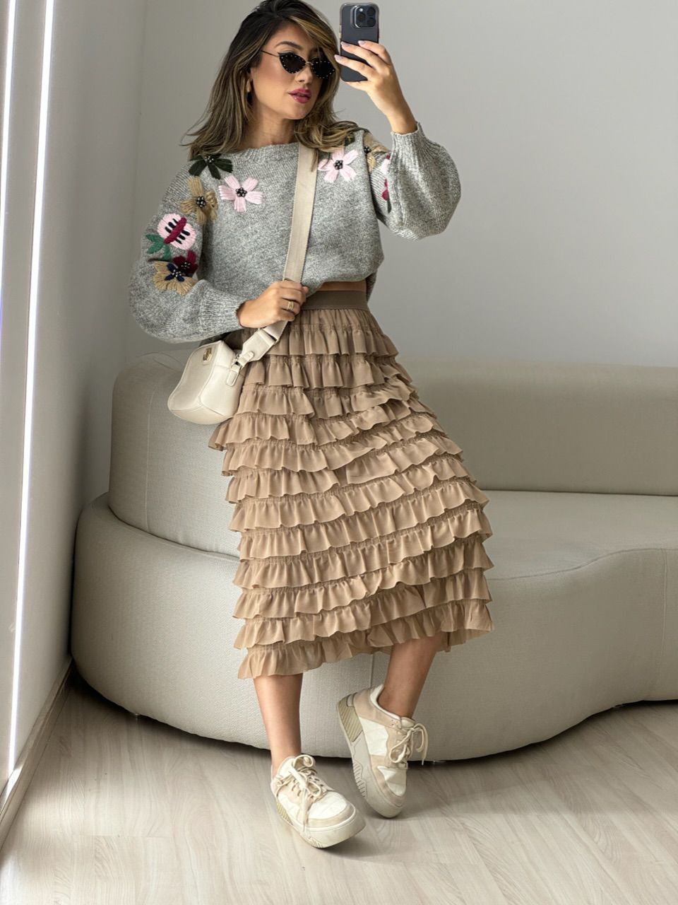 TRICOT FLOR BORDADA MESCLA