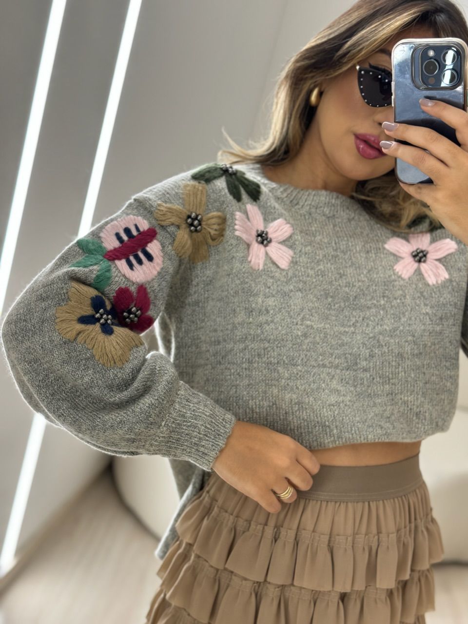 TRICOT FLOR BORDADA MESCLA