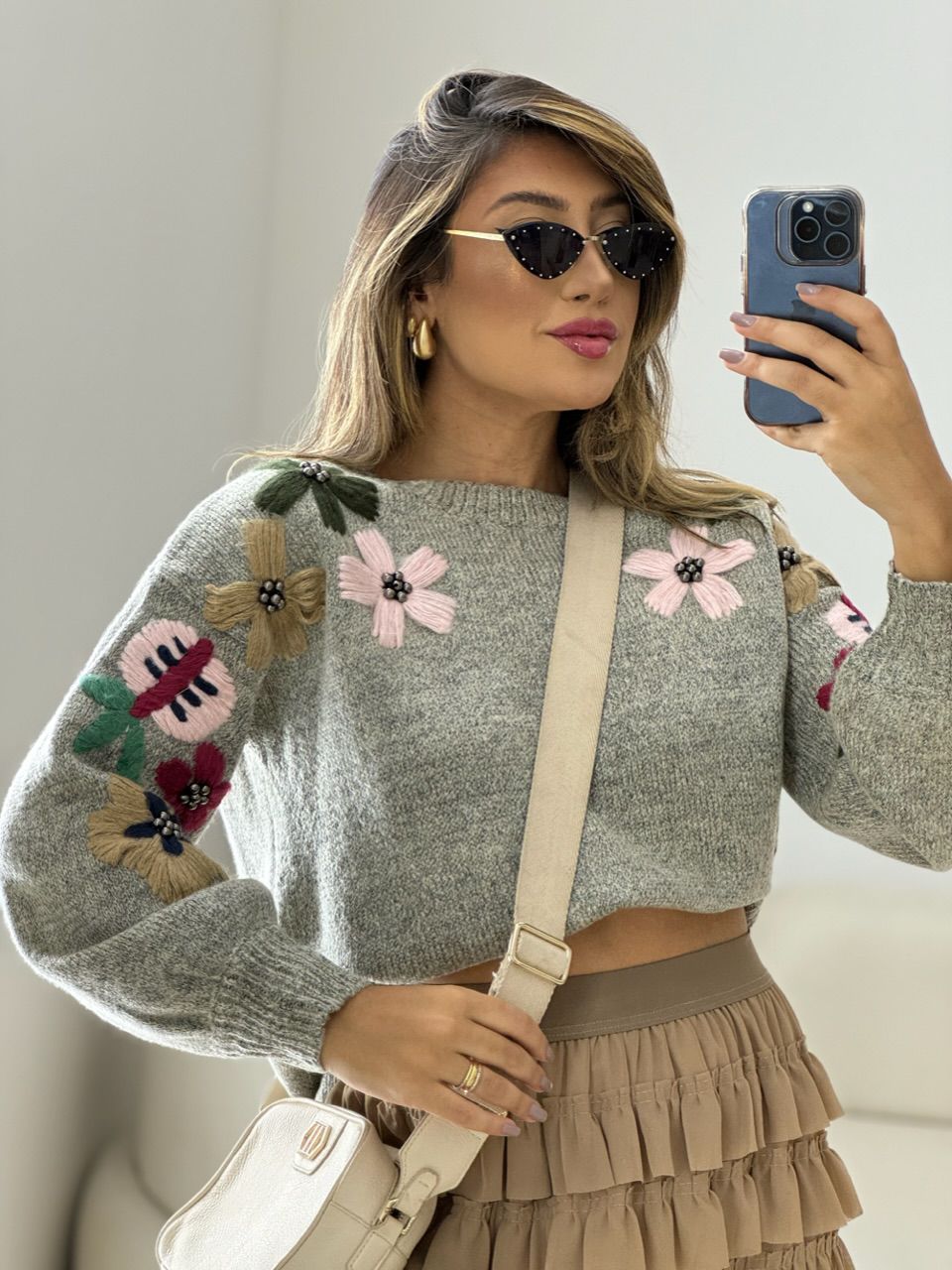 TRICOT FLOR BORDADA MESCLA