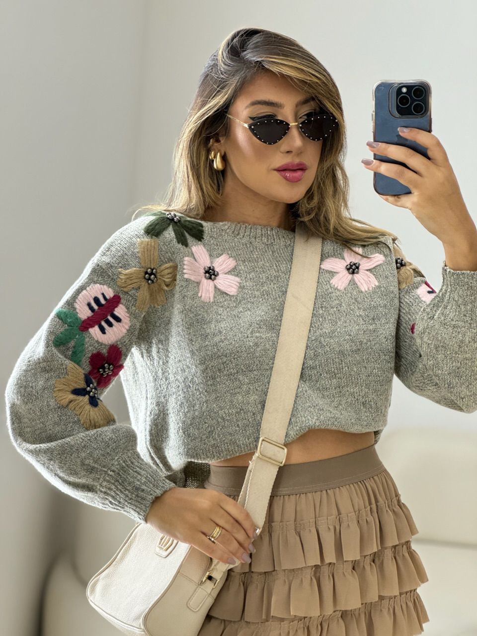 TRICOT FLOR BORDADA MESCLA - 0050560164 - CAROLLA FERRARO