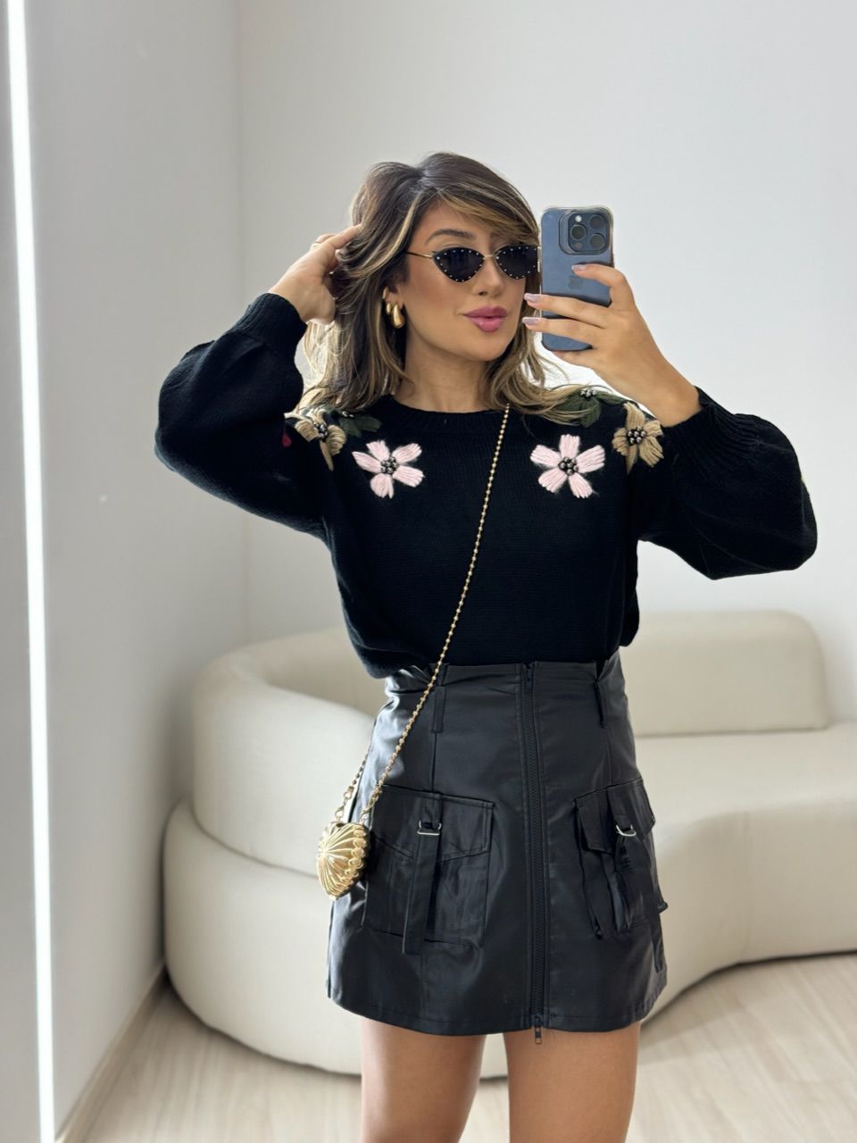 TRICOT FLOR BORDADA PRETO