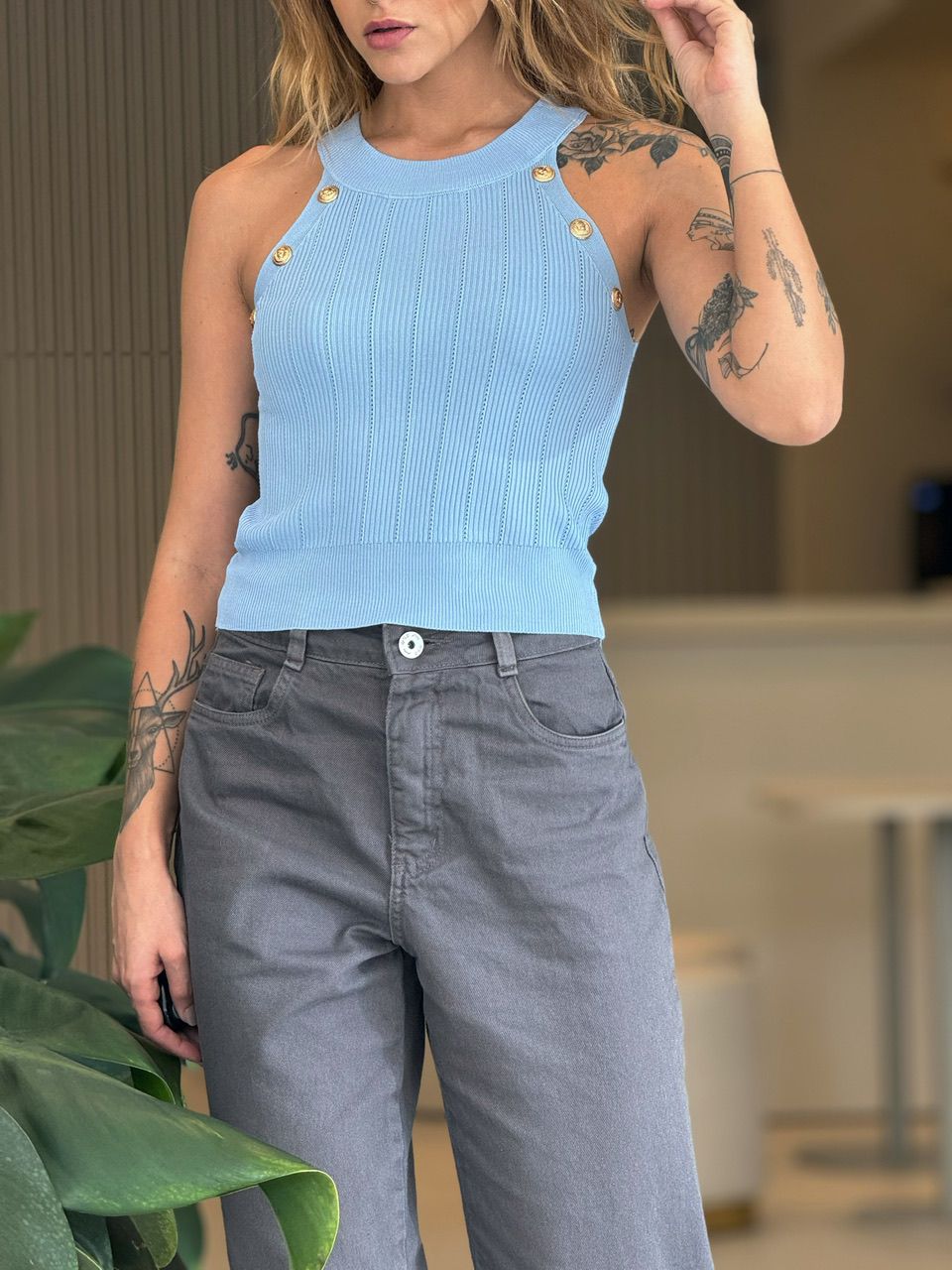 CROPPED BOTÕES DOURADOS AZUL
