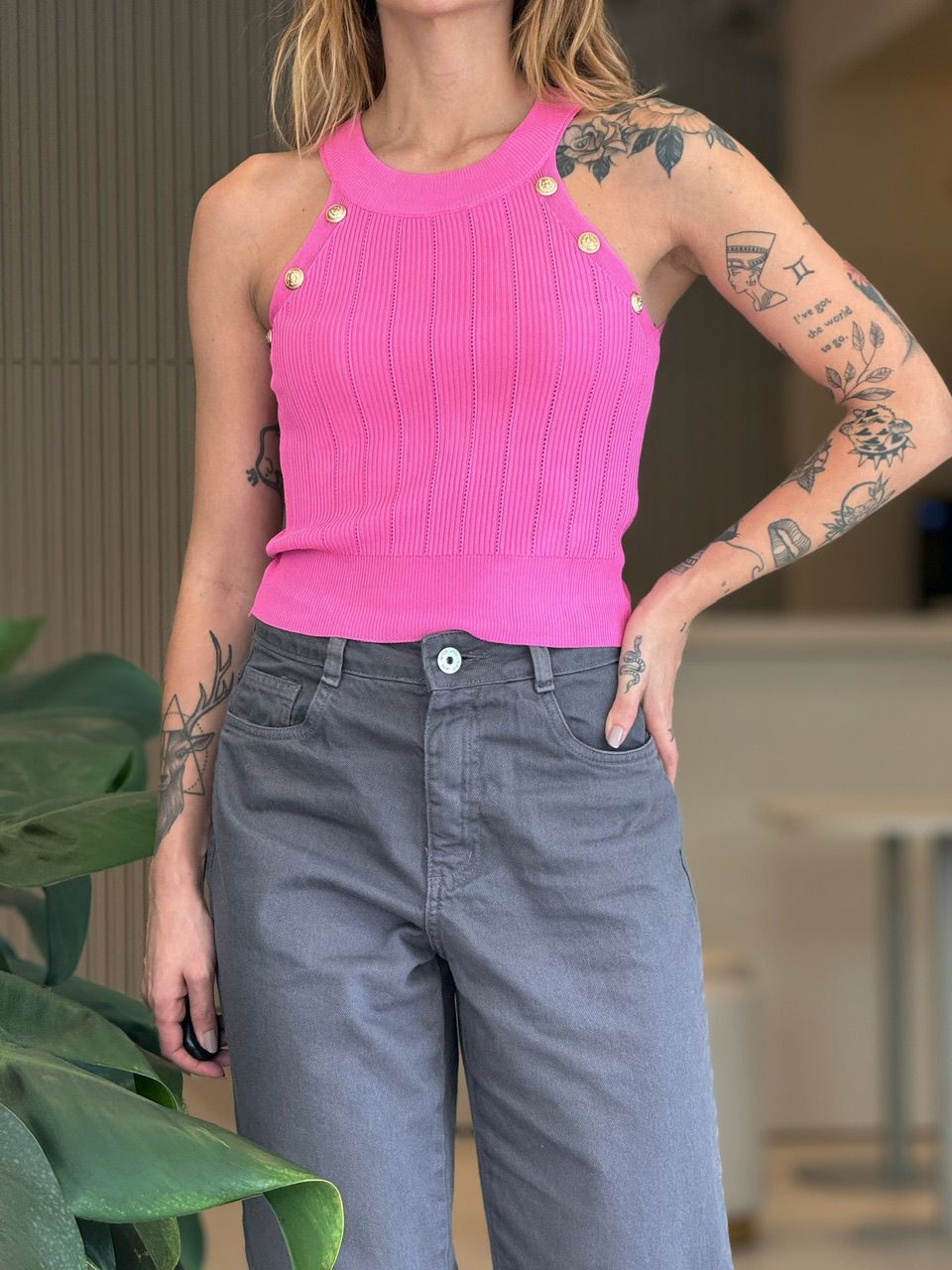 CROPPED BOTÕES DOURADOS ROSA
