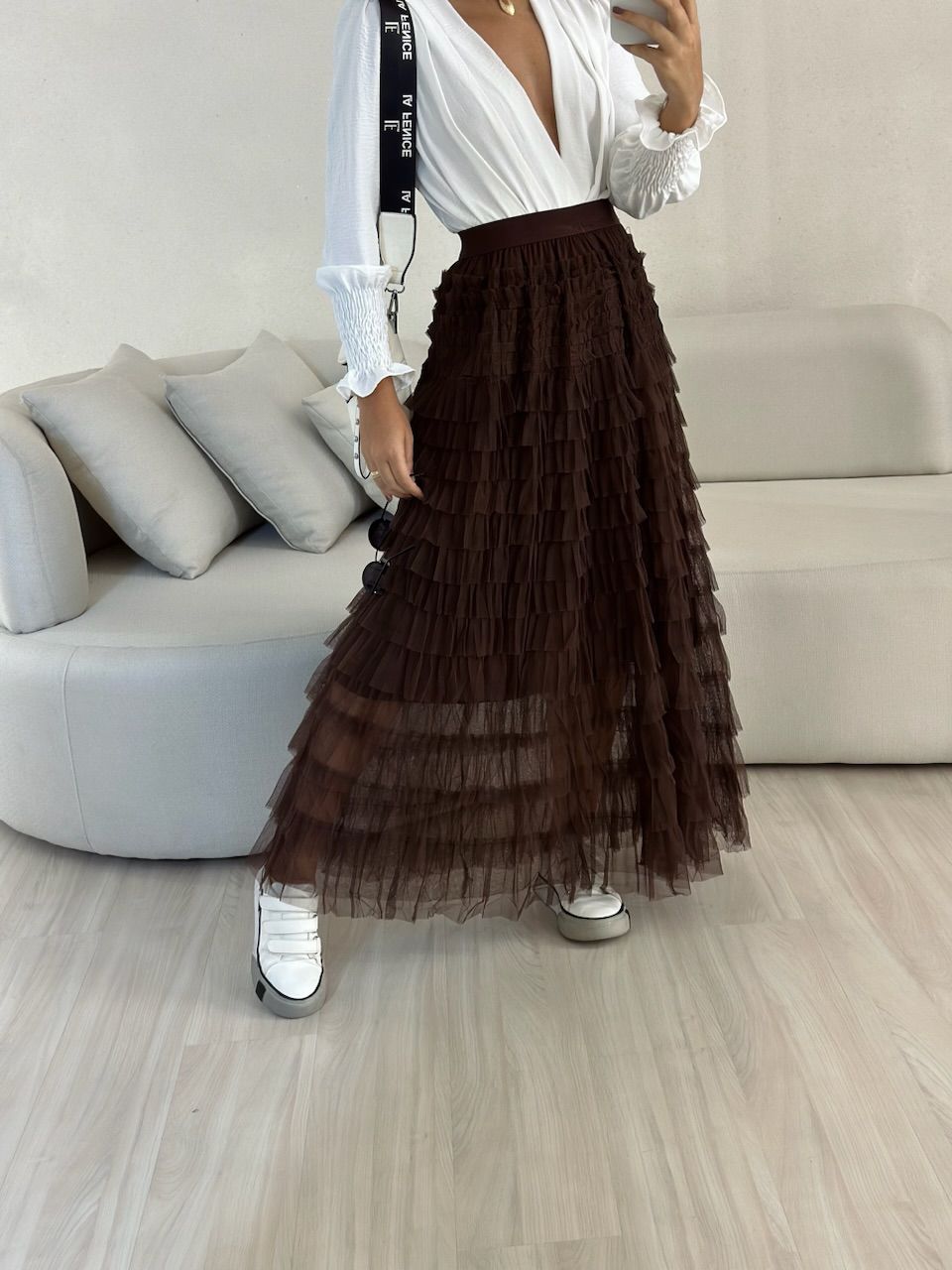 SAIA EMÍLIA TULE MARROM - 0052750054 - CAROLLA FERRARO