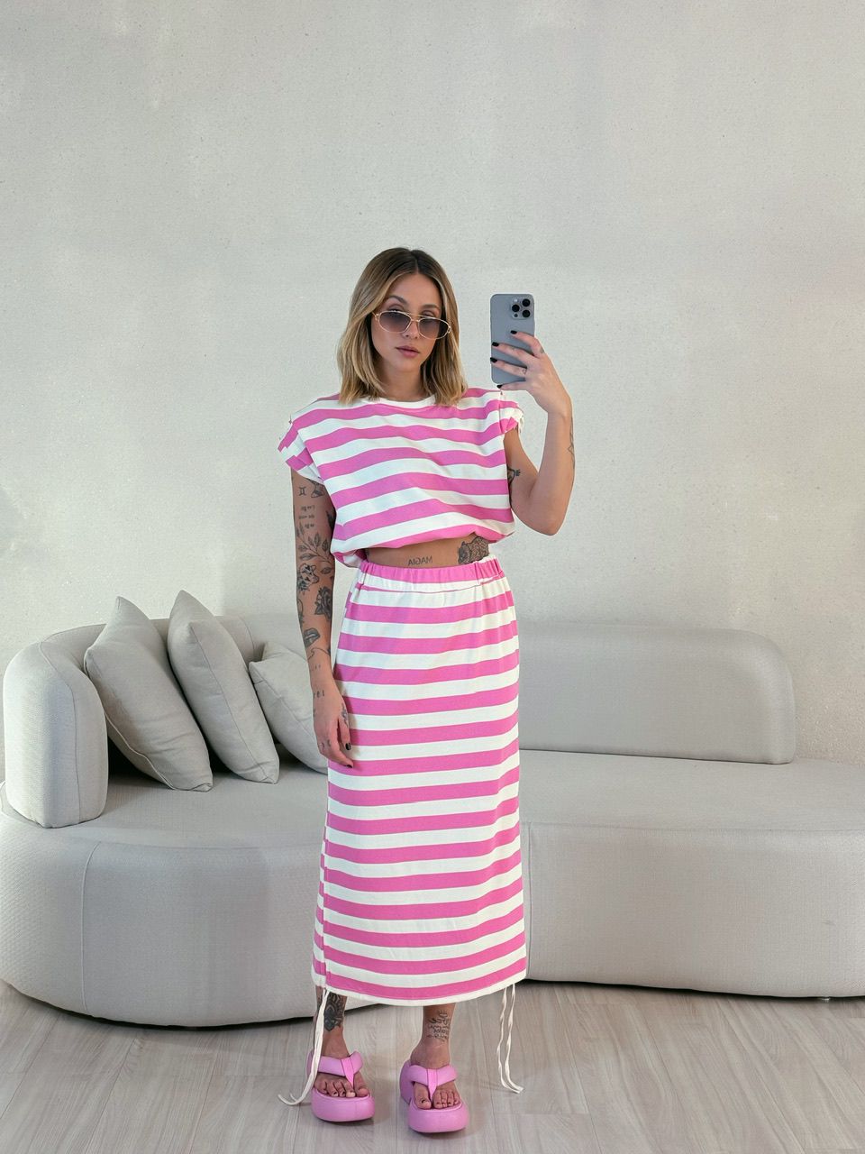 SAIA LETÍCIA MIDI LISTRAS Rosa - 0056000031 - CAROLLA FERRARO