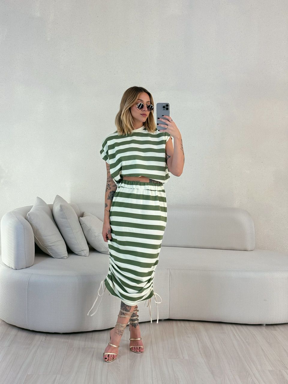 SAIA LETÍCIA MIDI LISTRAS verde - 0056000014 - CAROLLA FERRARO