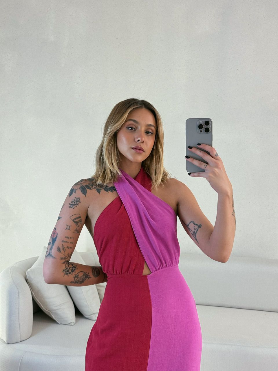 VESTIDO TAMARA BICOLOR FUCSIA/BORDÔ