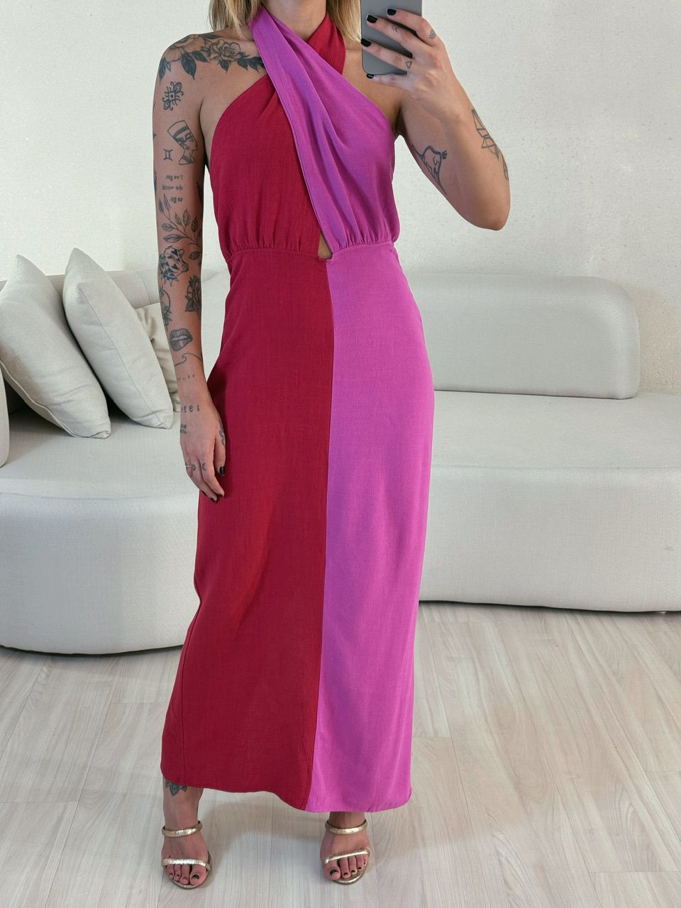 VESTIDO TAMARA BICOLOR FUCSIA/BORDÔ