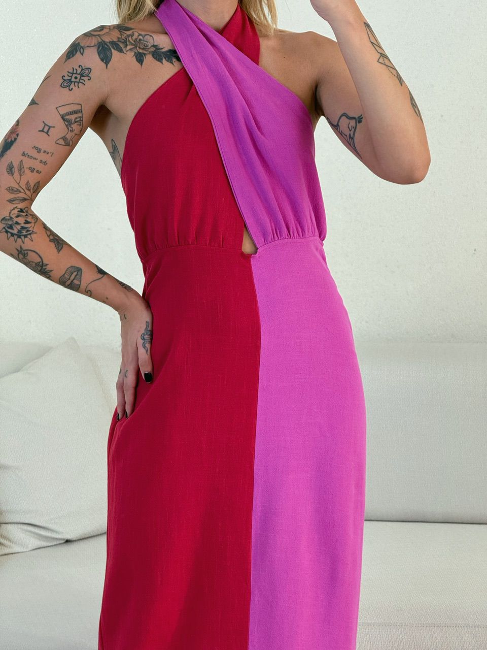 VESTIDO TAMARA BICOLOR FUCSIA/BORDÔ