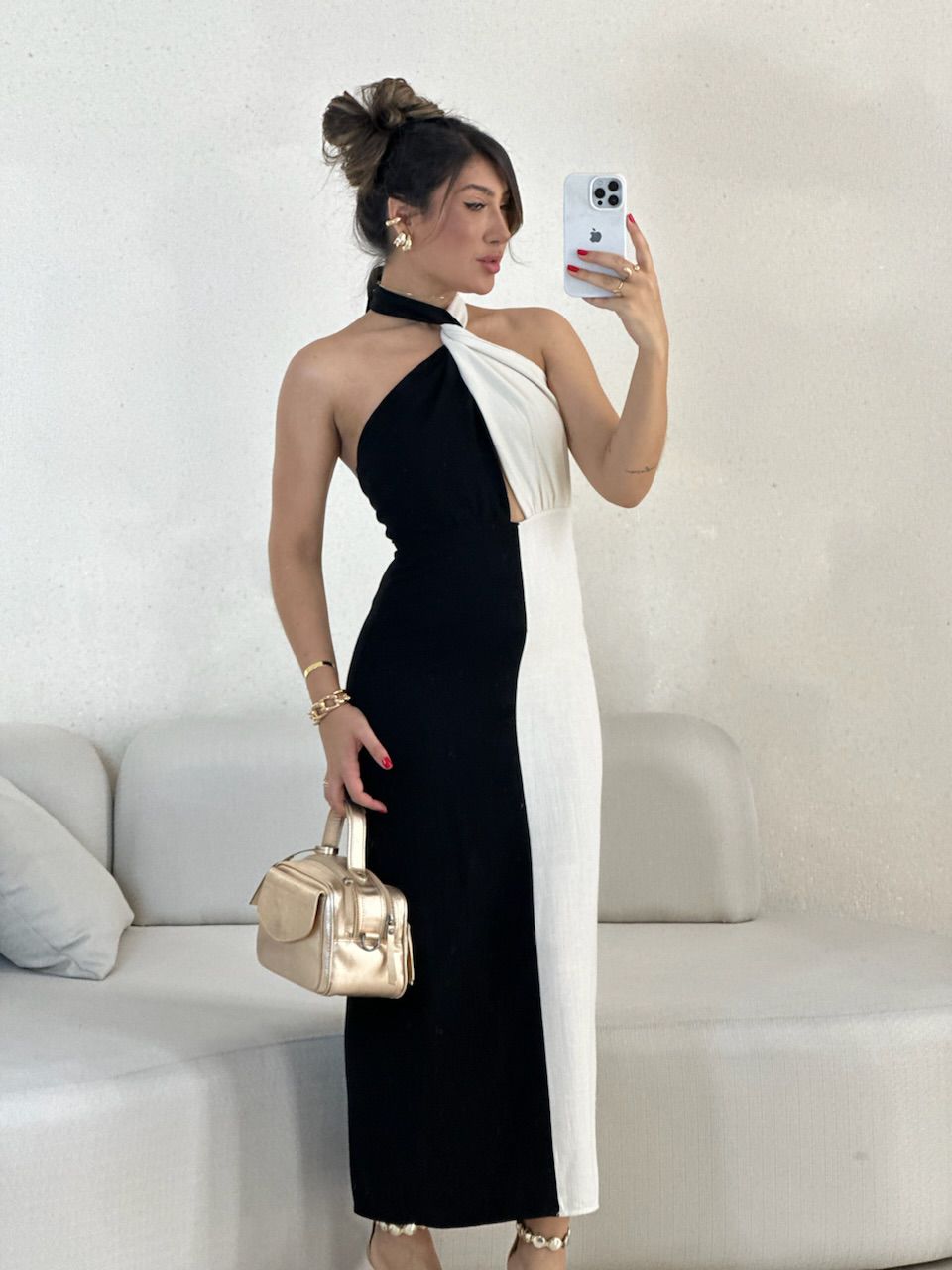 VESTIDO TAMARA BICOLOR PRETO/CRU - 0056030386 - CAROLLA FERRARO