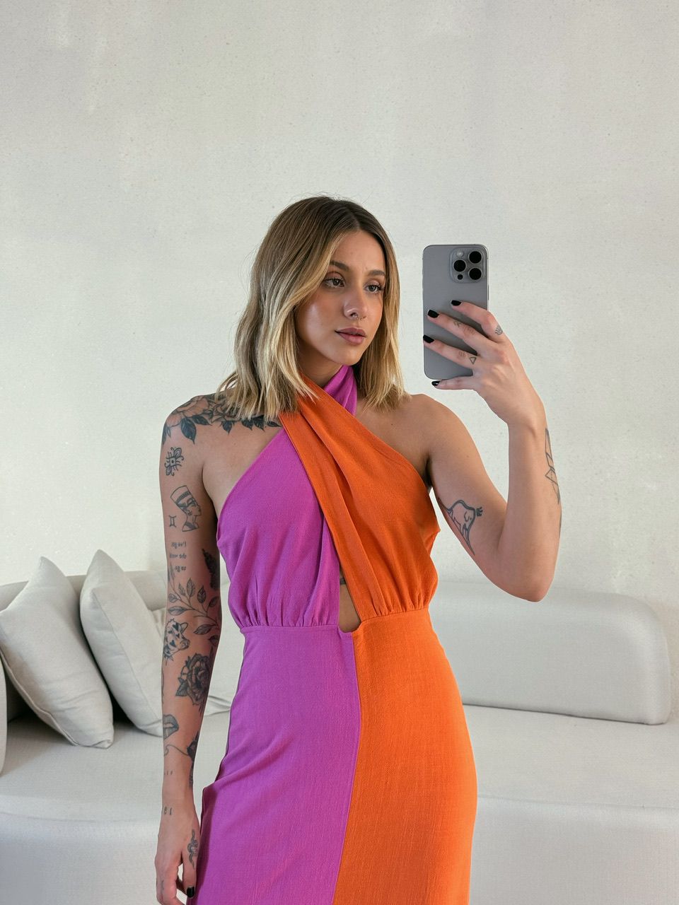 VESTIDO TAMARA BICOLOR LARANJA/FUCSIA