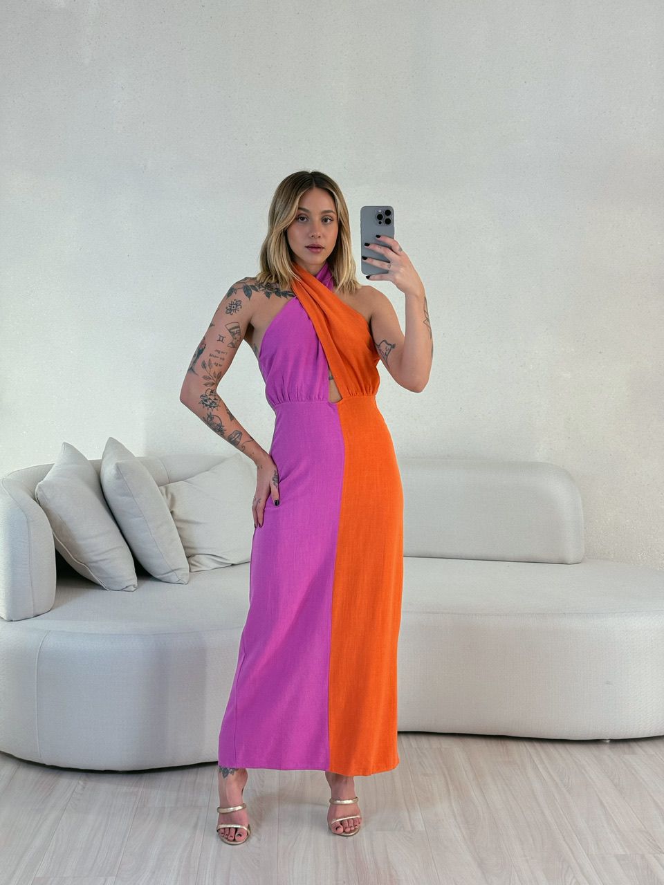VESTIDO TAMARA BICOLOR LARANJA/FUCSIA
