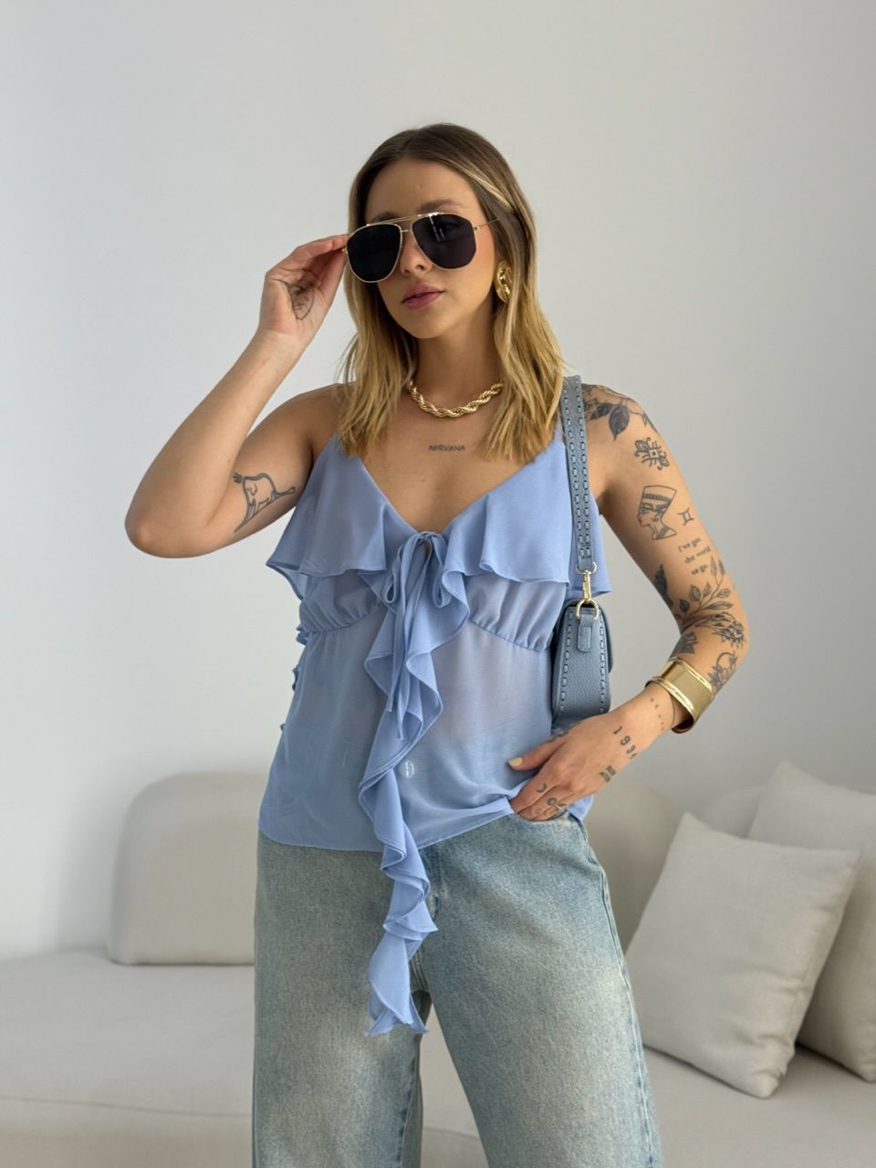 BLUSA TATA BABADO AZUL - 0068580109 - CAROLLA FERRARO
