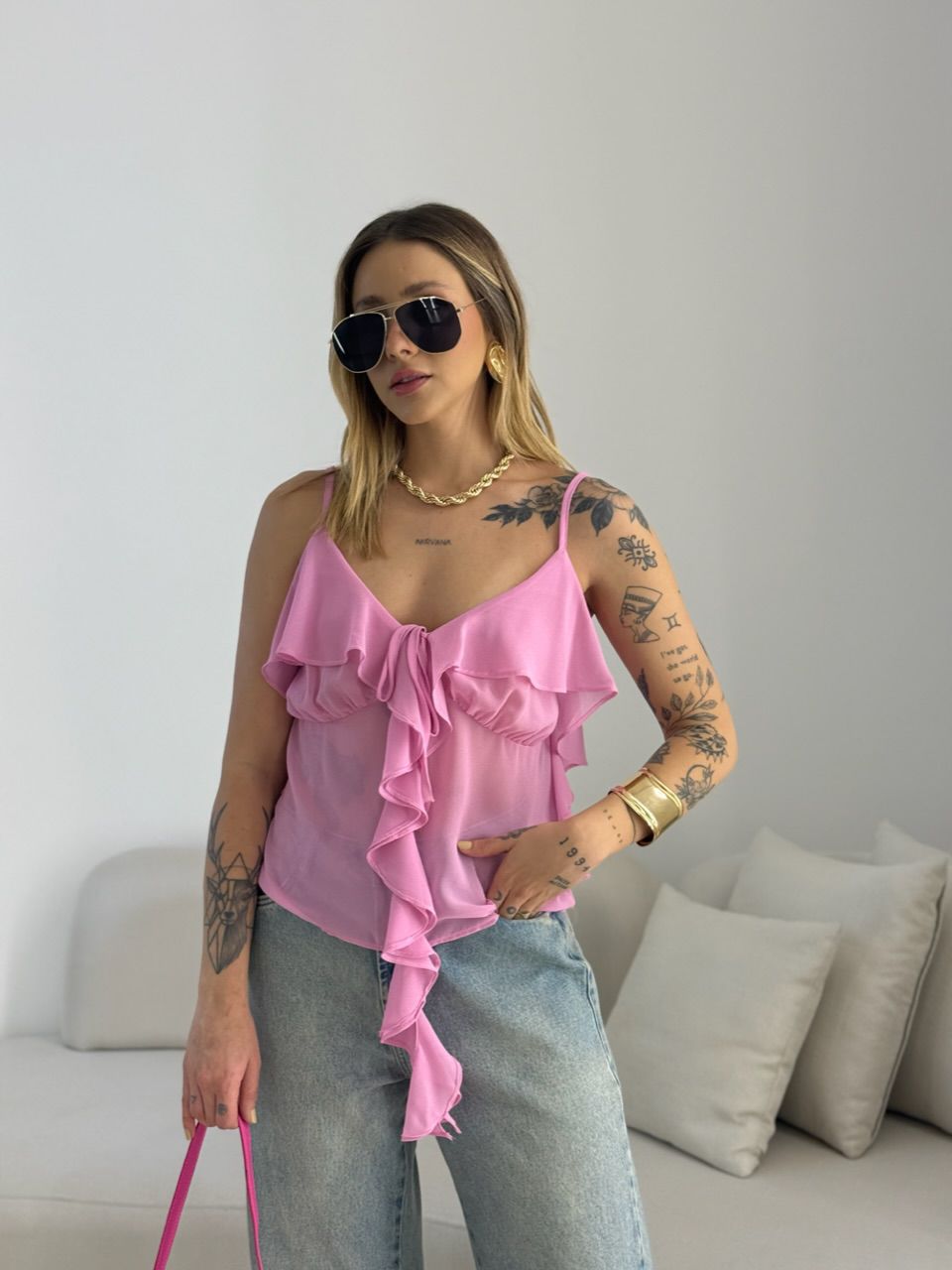 BLUSA TATA BABADO ROSA CHICLETE - 0068580119 - CAROLLA FERRARO