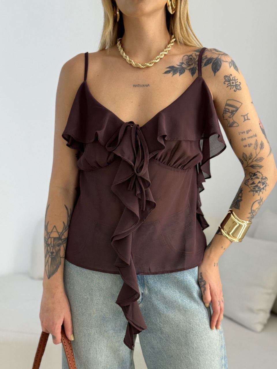 BLUSA TATA BABADO MARROM