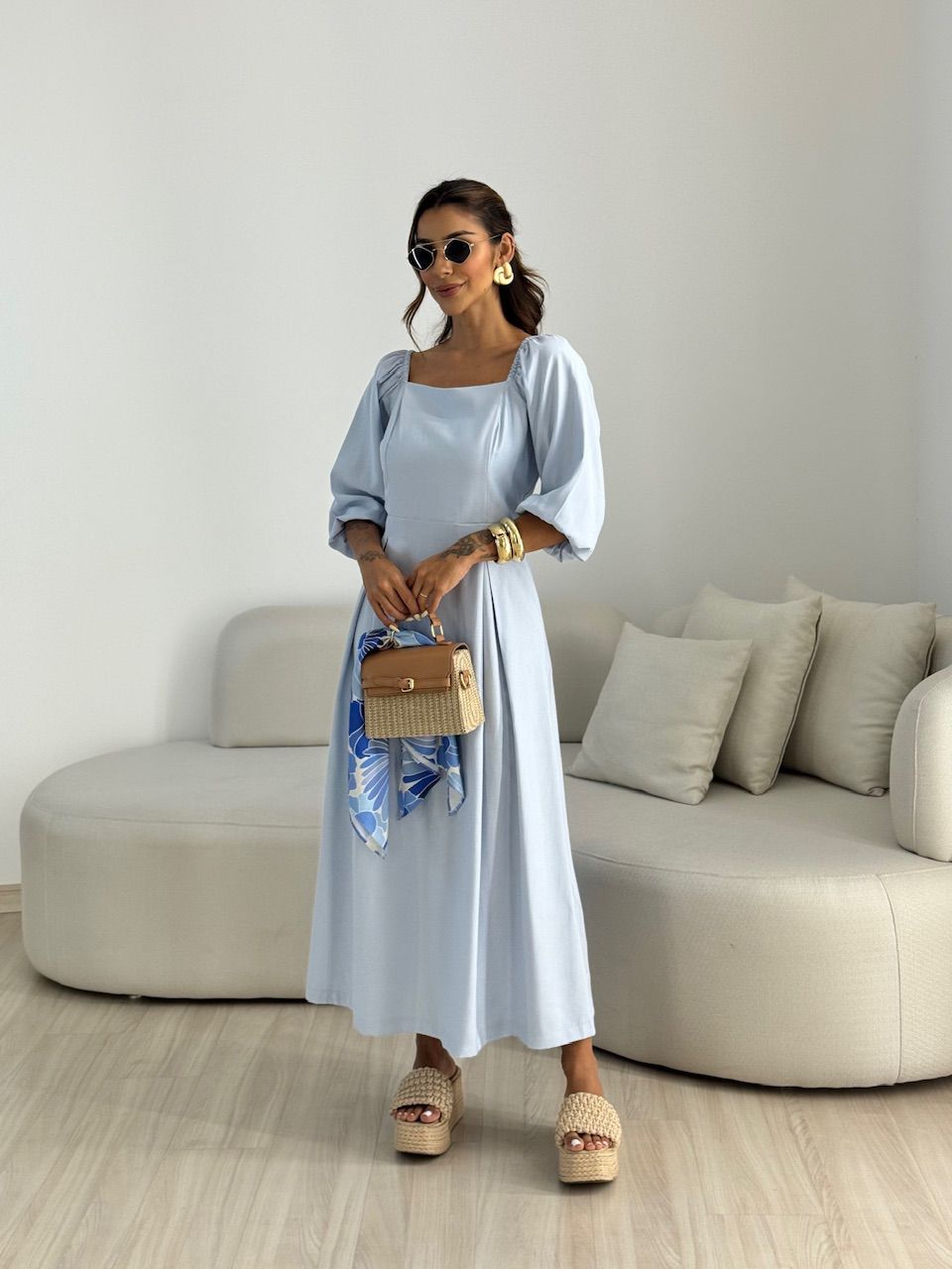 VESTIDO AMORA MANGA BUFANTE BABY BLUE - 0068610365 - CAROLLA FERRARO