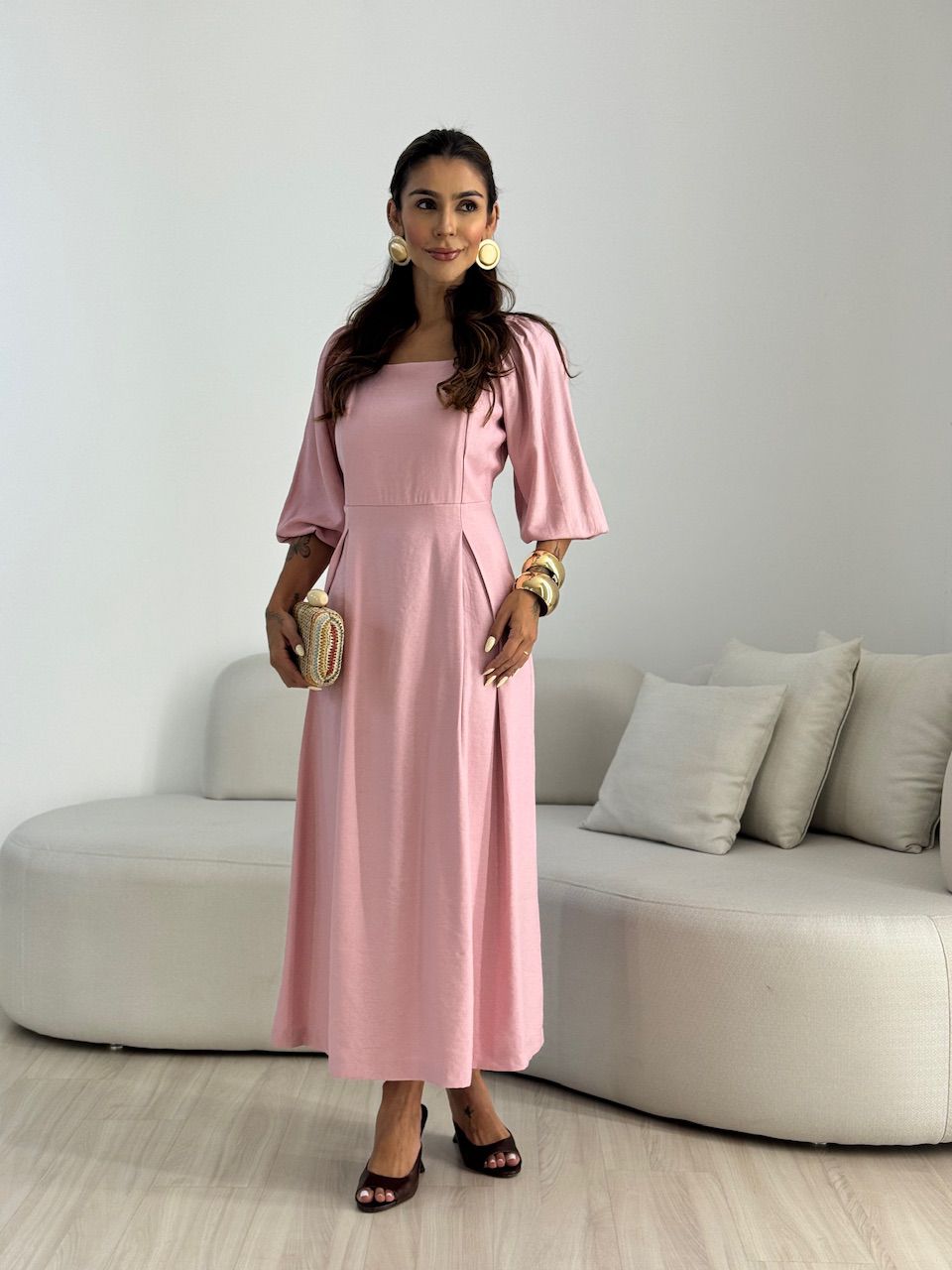 VESTIDO AMORA MANGA BUFANTE ROSÊ - 0068610026 - CAROLLA FERRARO