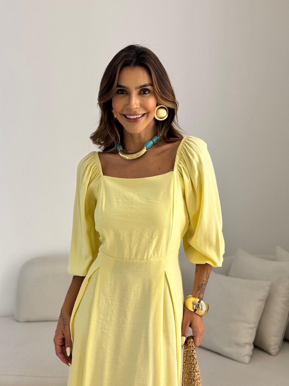 VESTIDO AMORA MANGA BUFANTE YELLOW BUTTER