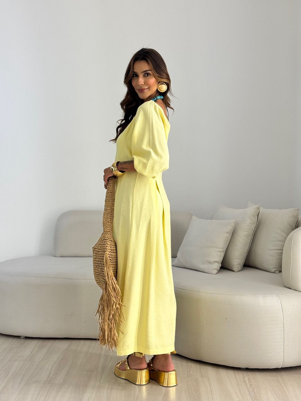 VESTIDO AMORA MANGA BUFANTE YELLOW BUTTER