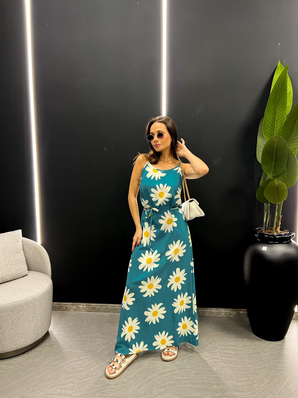 VESTIDO MARGARIDAS ALCINHA AZUL