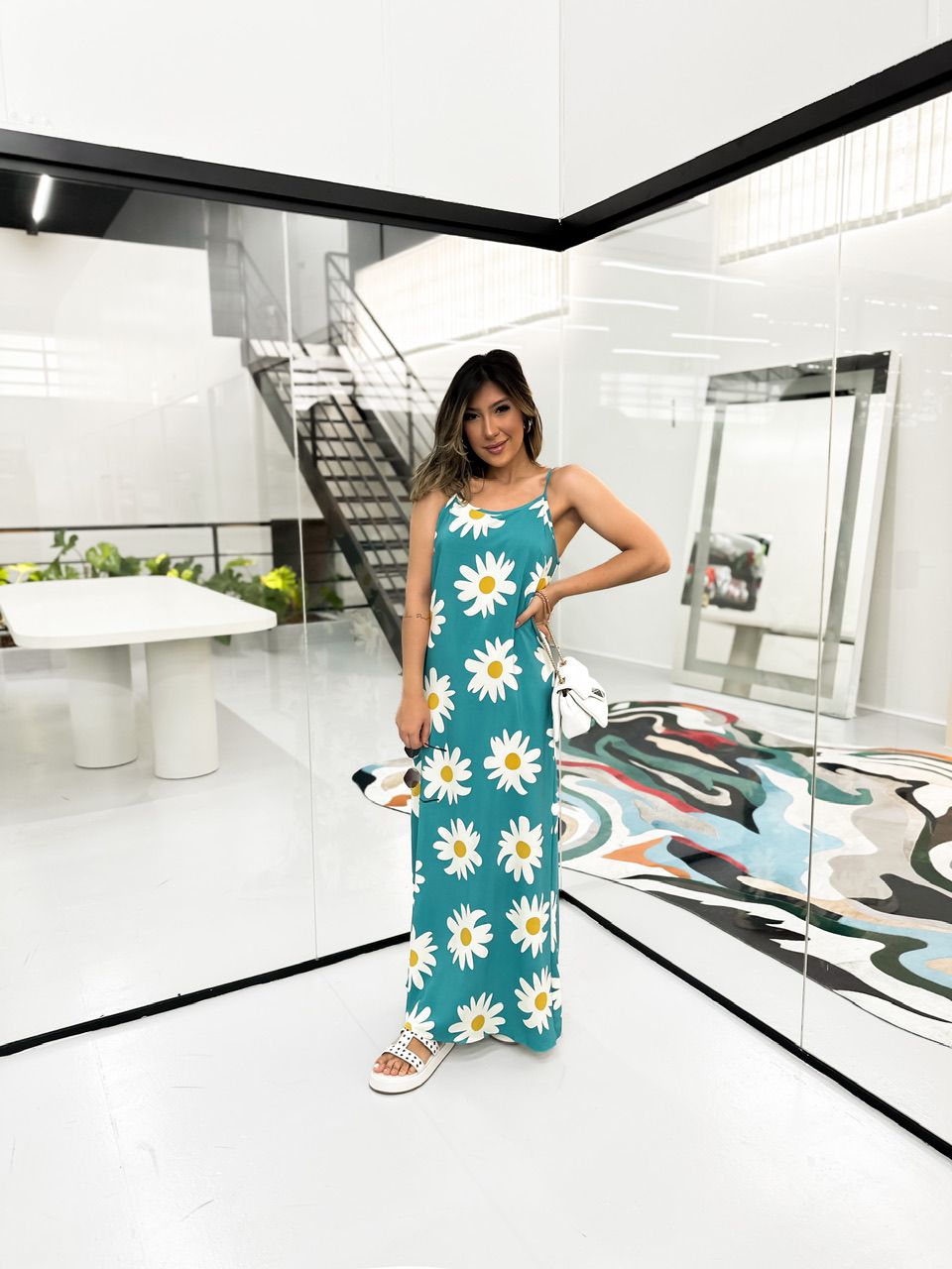 VESTIDO MARGARIDAS ALCINHA AZUL - 0044980109 - CAROLLA FERRARO