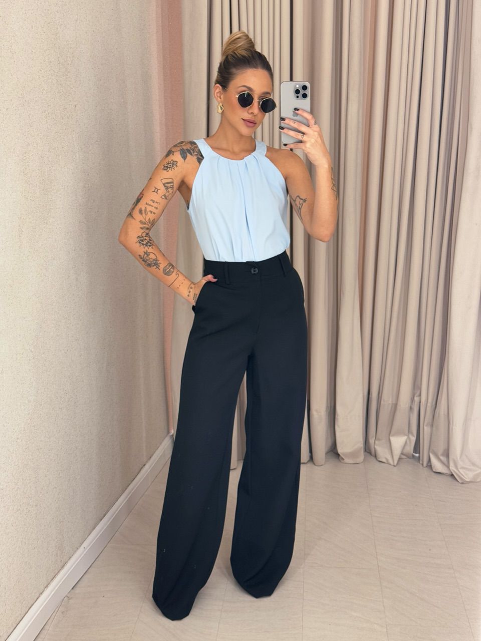 BLUSA TATIANE GOLA AZUL - 0060870109 - CAROLLA FERRARO
