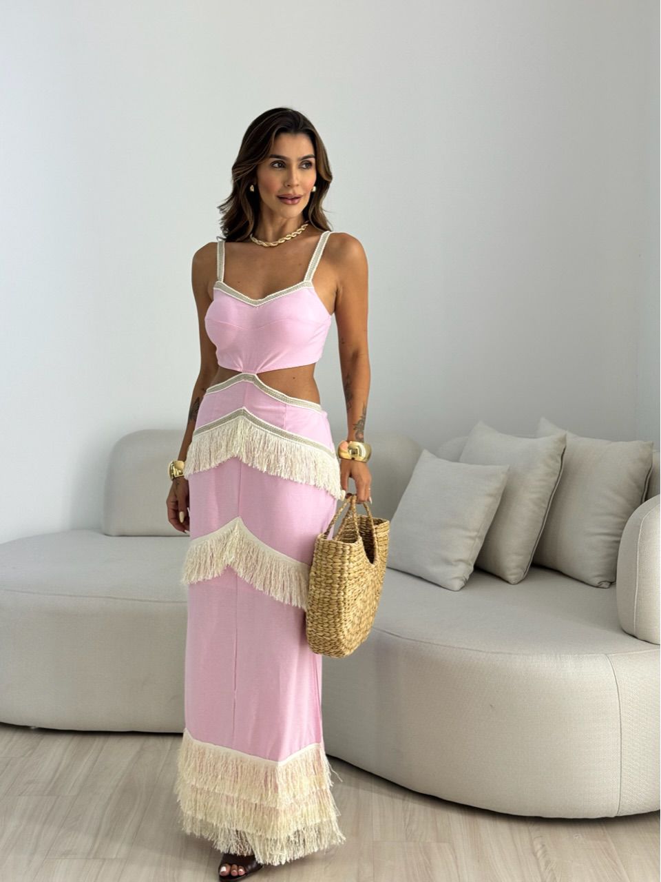 VESTIDO KAYA FRANJAS ROSA - 0068710031 - CAROLLA FERRARO