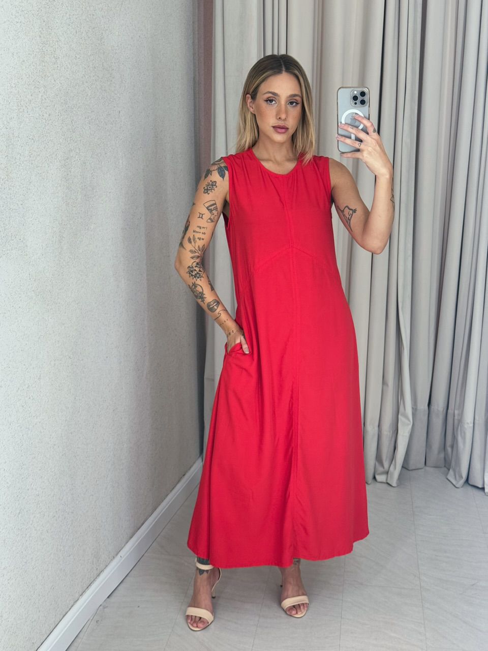 VESTIDO MARÍLIA LONGUETE VERMELHO - 0059080006 - CAROLLA FERRARO