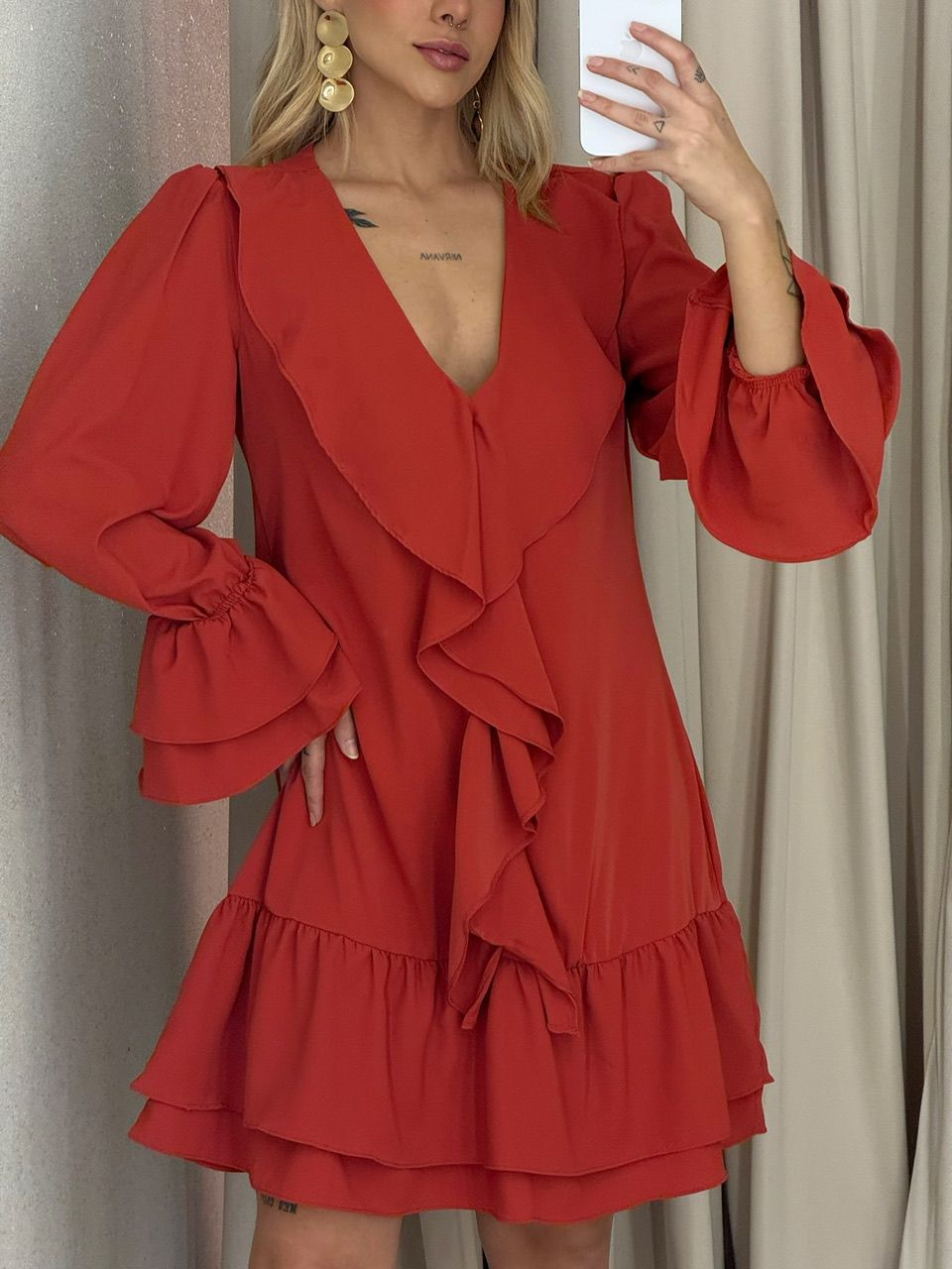 VESTIDO CELIANE BABADOS TELHA