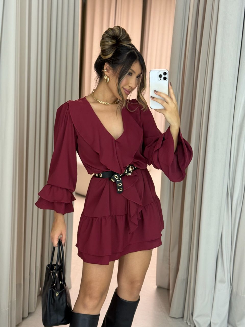 VESTIDO CELIANE BABADOS VINHO