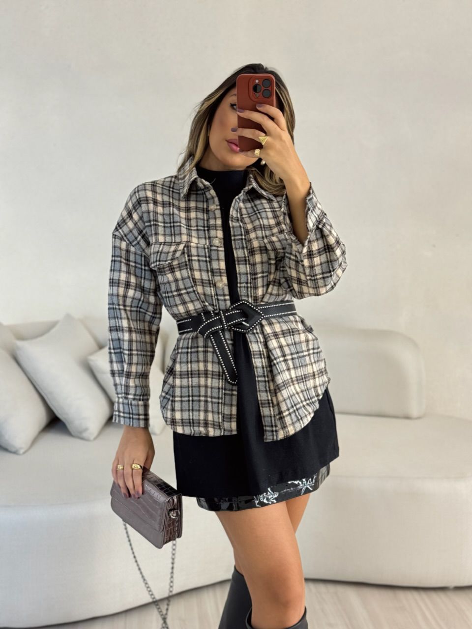 CAMISA SANDRA XADREZ CINZA - 0052780091 - CAROLLA FERRARO