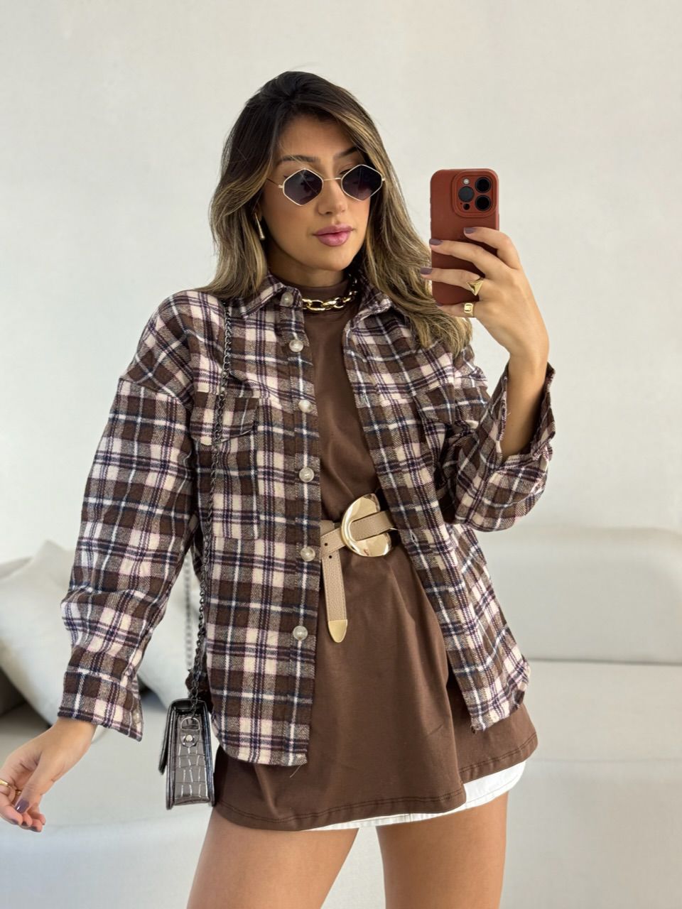CAMISA SANDRA XADREZ MARROM - 0052780054 - CAROLLA FERRARO