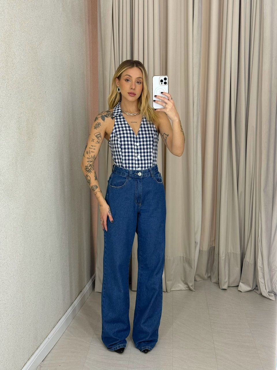 BLUSA ADELINA XADREZ MARINHO