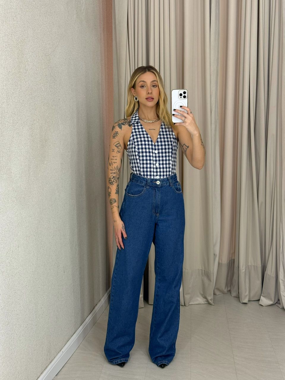 BLUSA ADELINA XADREZ MARINHO