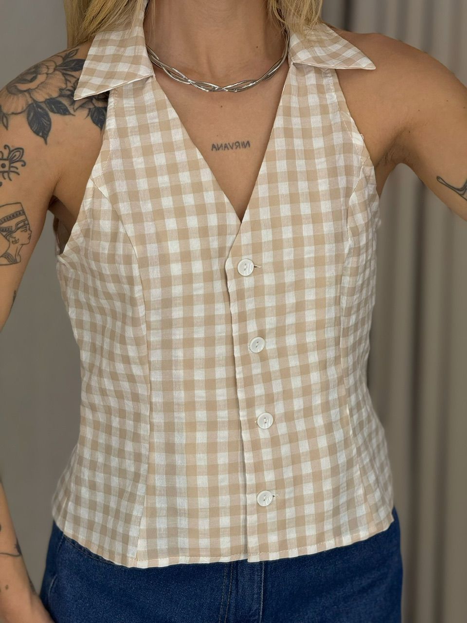 BLUSA ADELINA XADREZ NUDE
