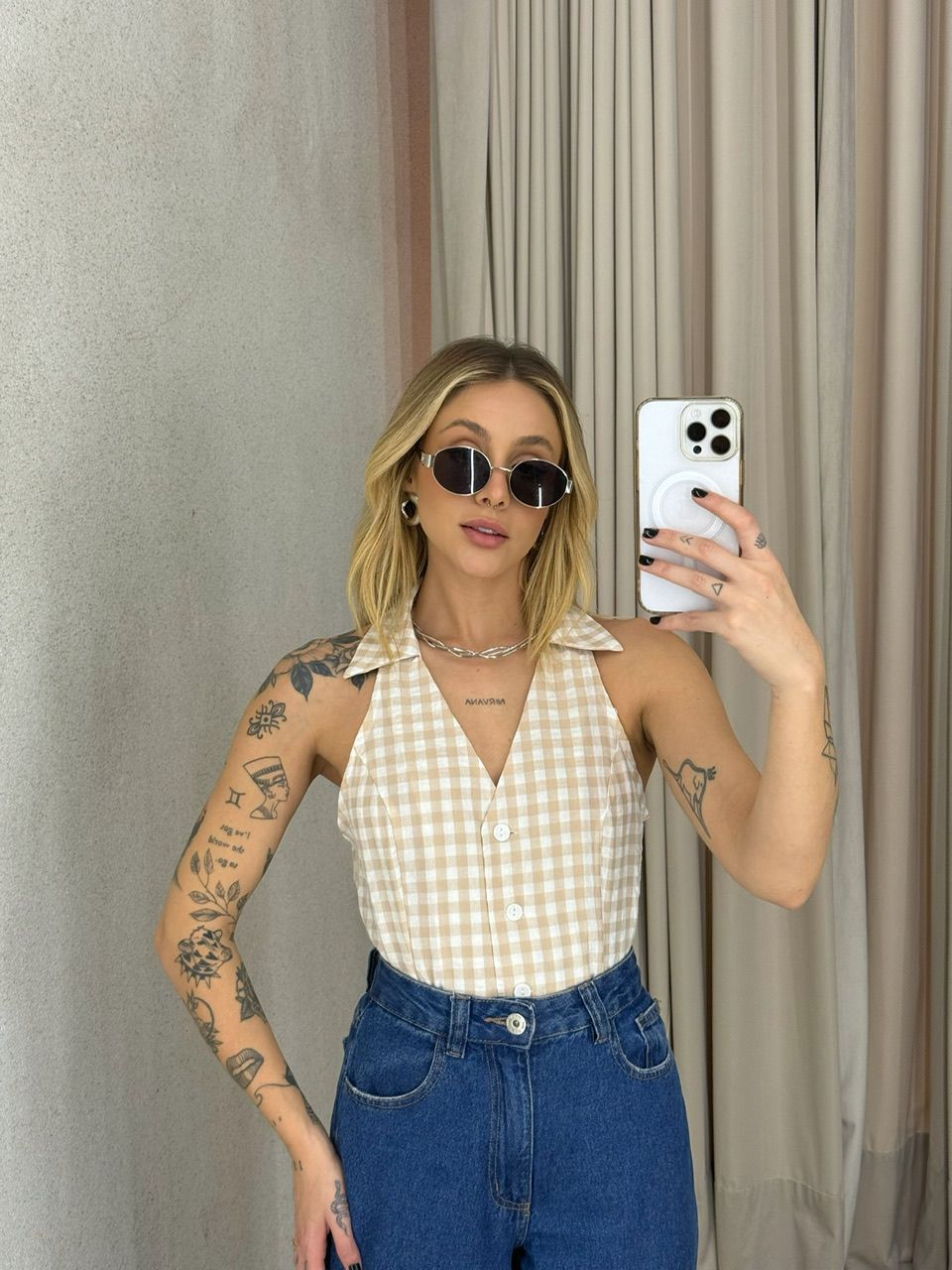 BLUSA ADELINA XADREZ NUDE