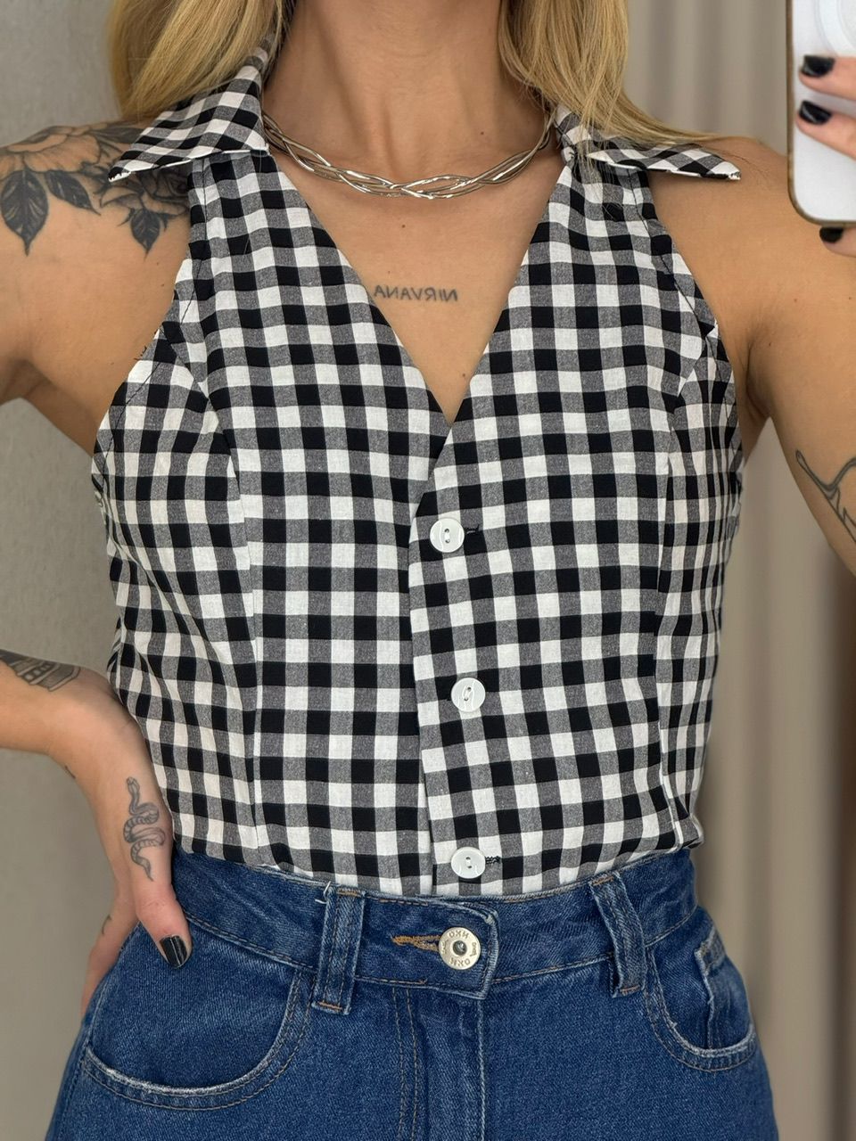 BLUSA ADELINA XADREZ PRETA