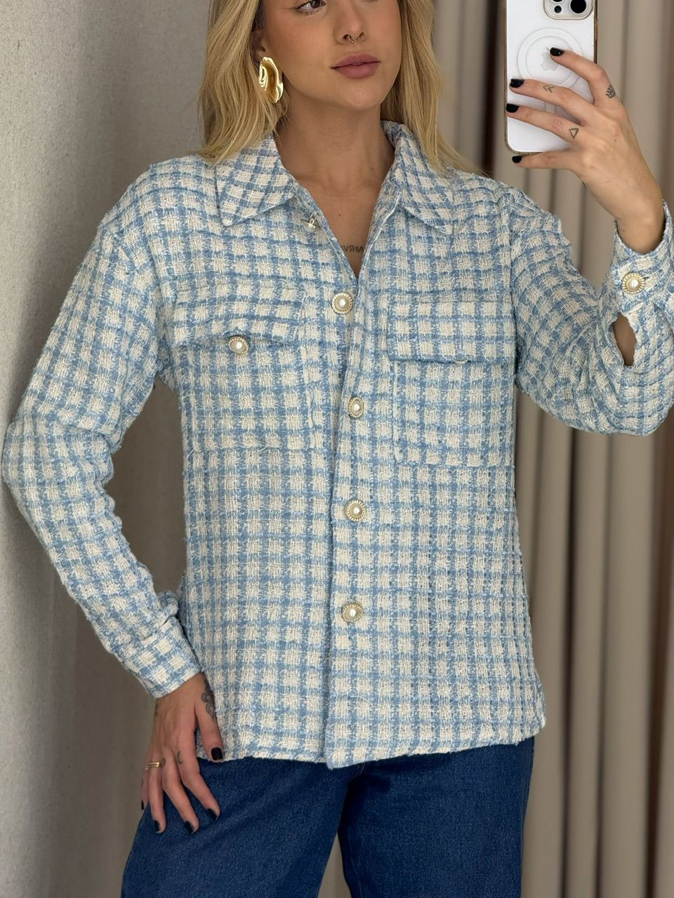 CAMISA JACQUE PIED DE POULE AZUL - 0065420109 - CAROLLA FERRARO
