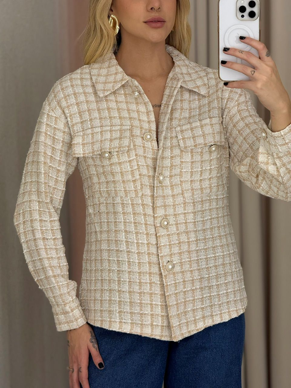 CAMISA JACQUE PIED DE POULE NUDE - 0065420049 - CAROLLA FERRARO