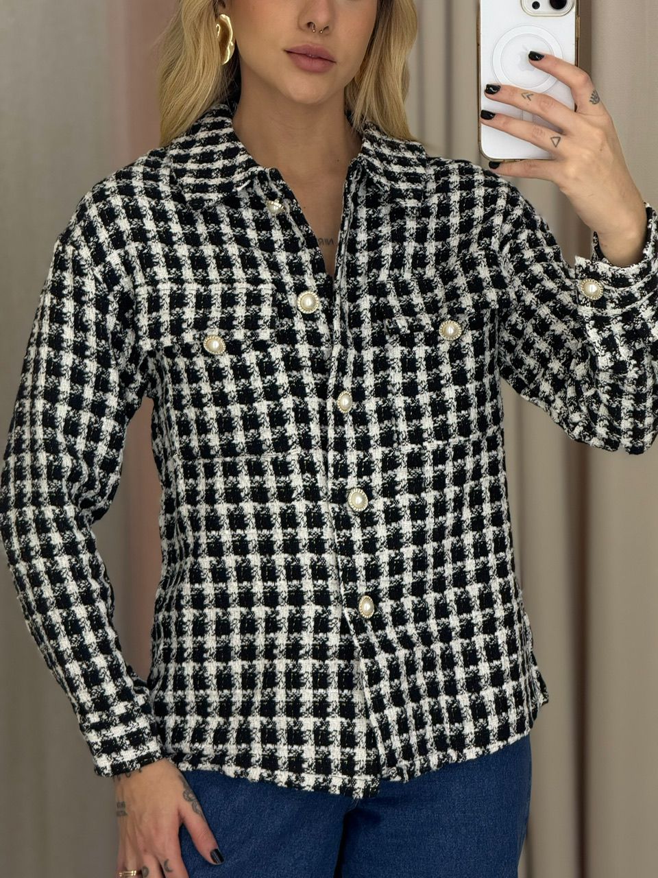 CAMISA JACQUE PIED DE POULE PRETA - 0065420033 - CAROLLA FERRARO