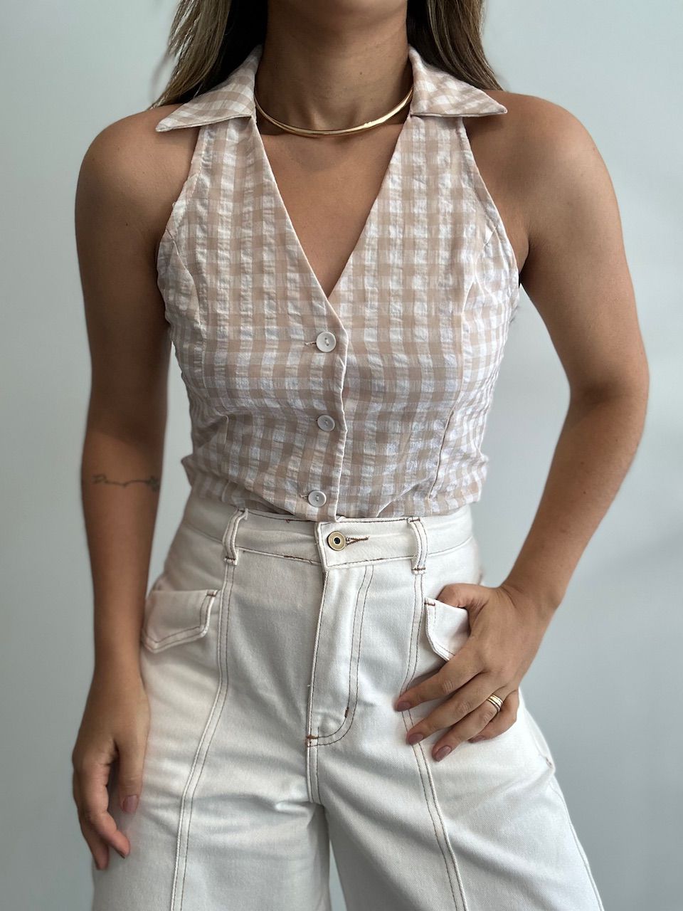 BLUSA ADELINA XADREZ NUDE - 0065380049 - CAROLLA FERRARO