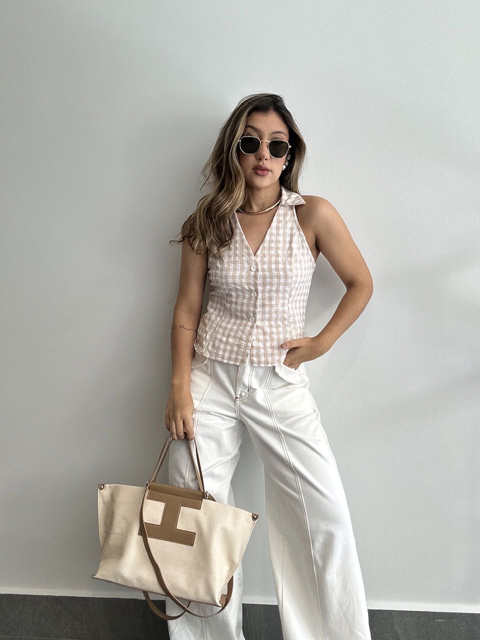 BLUSA ADELINA XADREZ NUDE