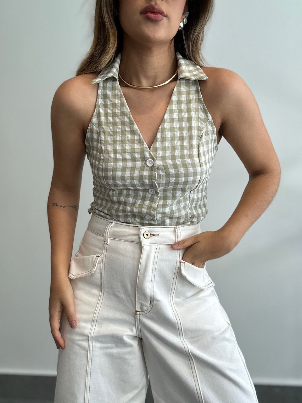 BLUSA ADELINA XADREZ VERDE - 0065380014 - CAROLLA FERRARO