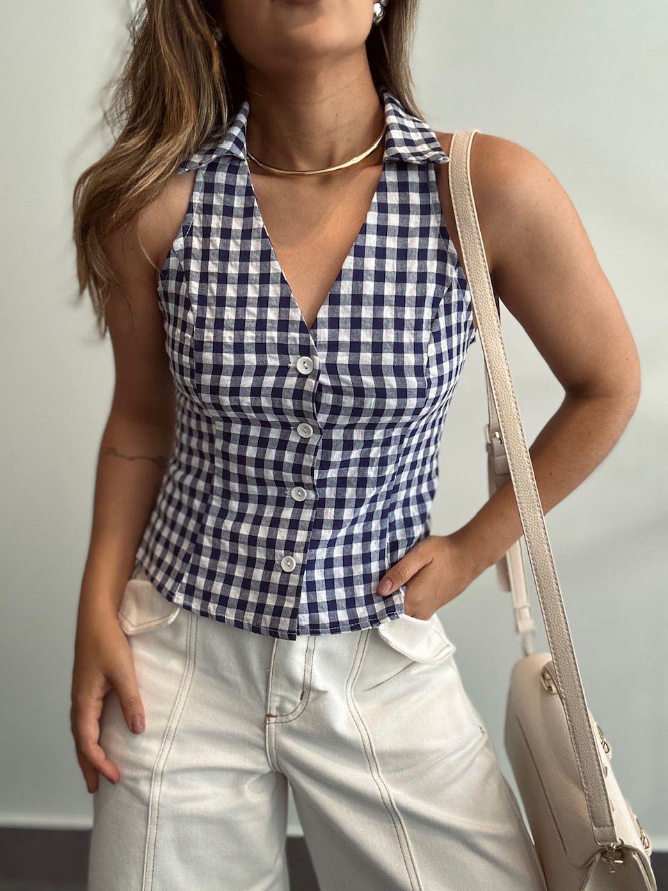 BLUSA ADELINA XADREZ MARINHO - 0065380055 - CAROLLA FERRARO