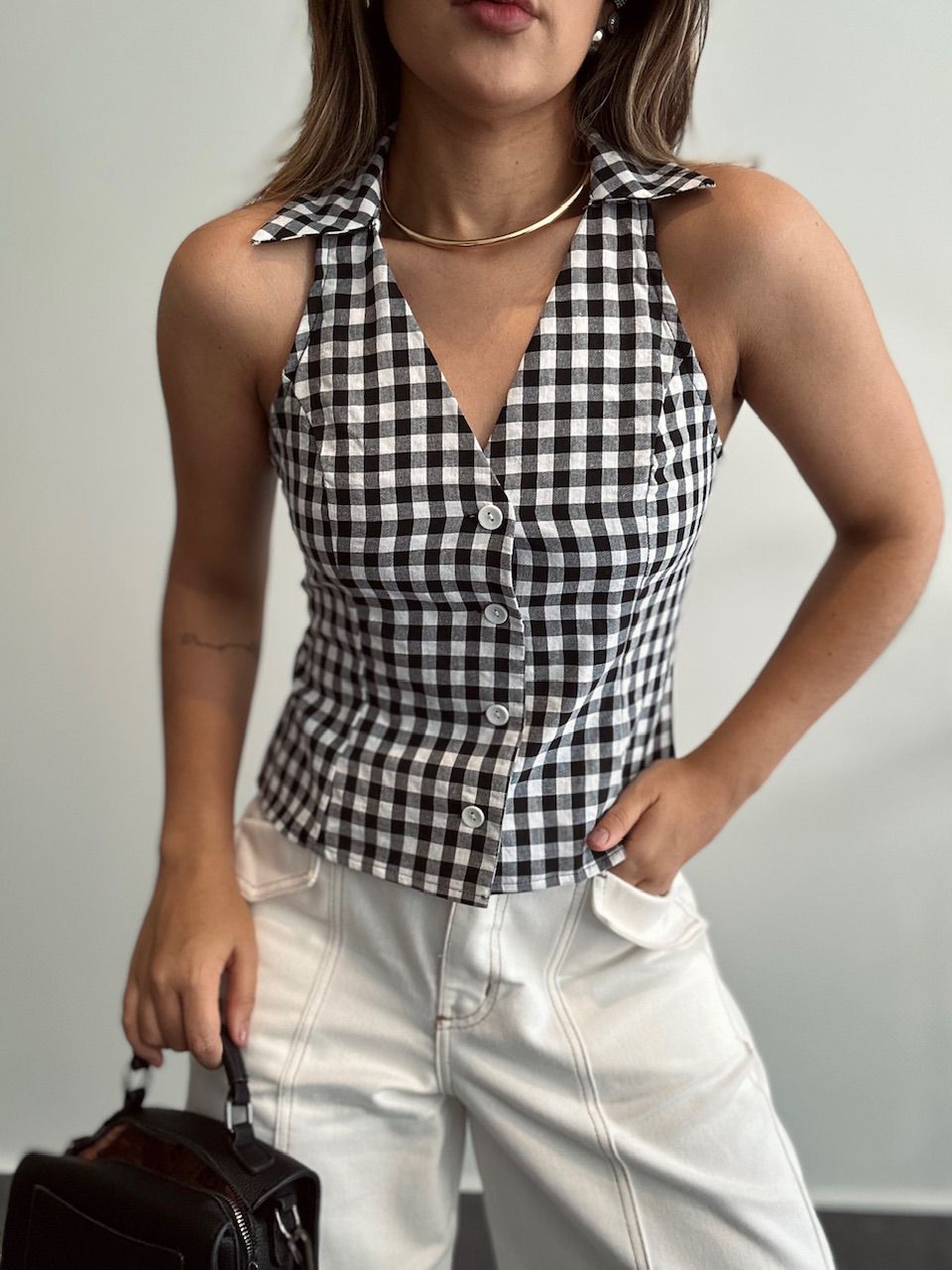 BLUSA ADELINA XADREZ PRETA - 0065380033 - CAROLLA FERRARO