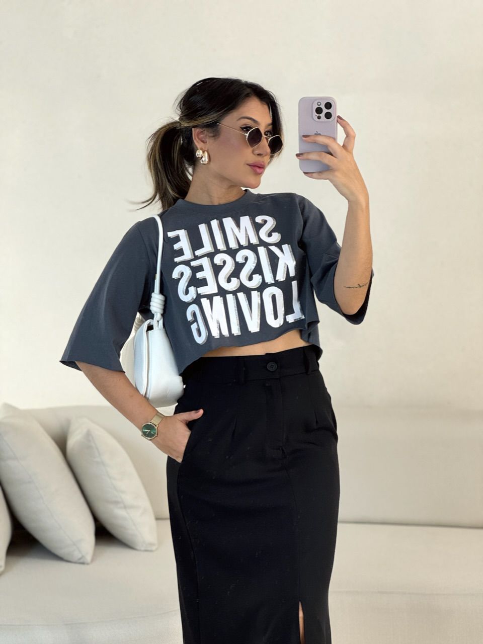 CROPPED SMILES ALGODÃO CINZA - 0044370091 - CAROLLA FERRARO